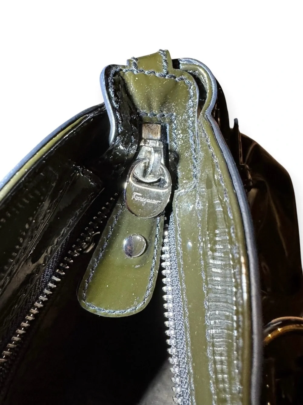Salvatore Ferragamo Olive Green Patent Leather Marisa Gancini Satchel Auth